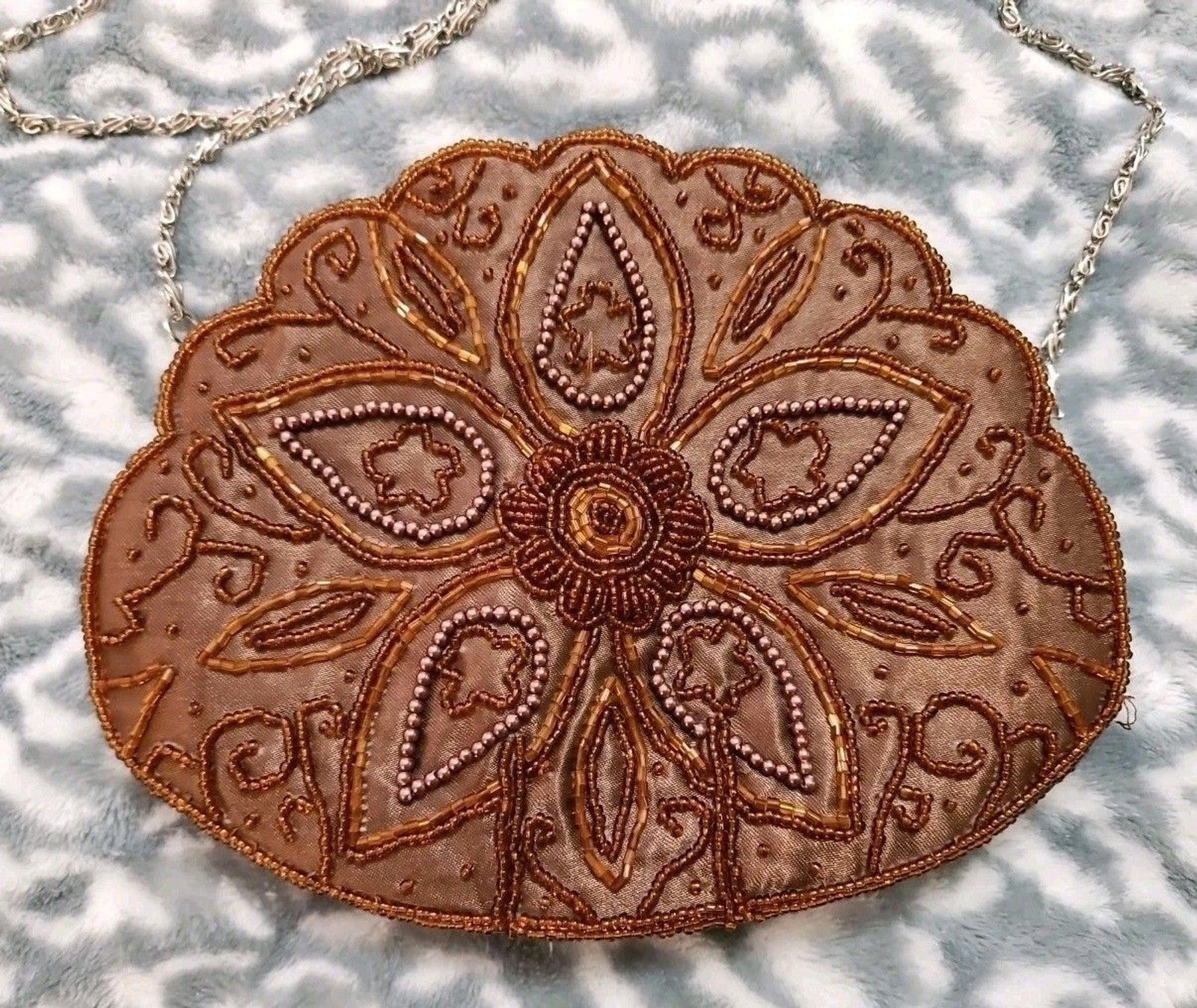 Vintage BIJOUX TERNER Beaded Satin Evening Bag Purse 8"x6" Brown Floral Design