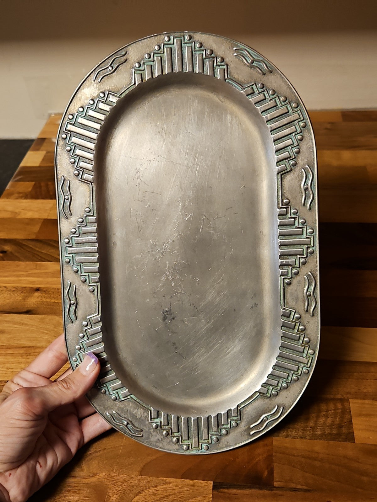 Vintage Wilton Armetale Zia Turquoise Southwestern Oval Serving Platter  12”