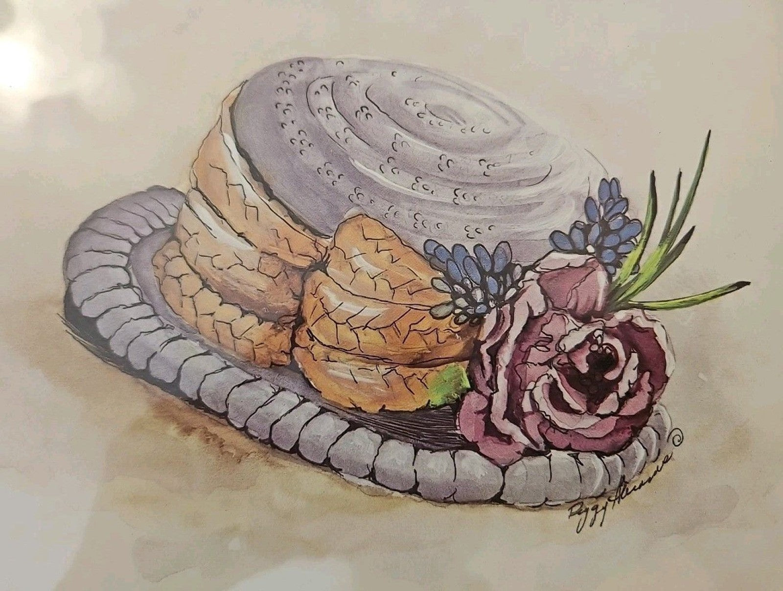 Vintage Peggy Abrams Victorian Hat With Rose Art Print Matted With Gold Frame