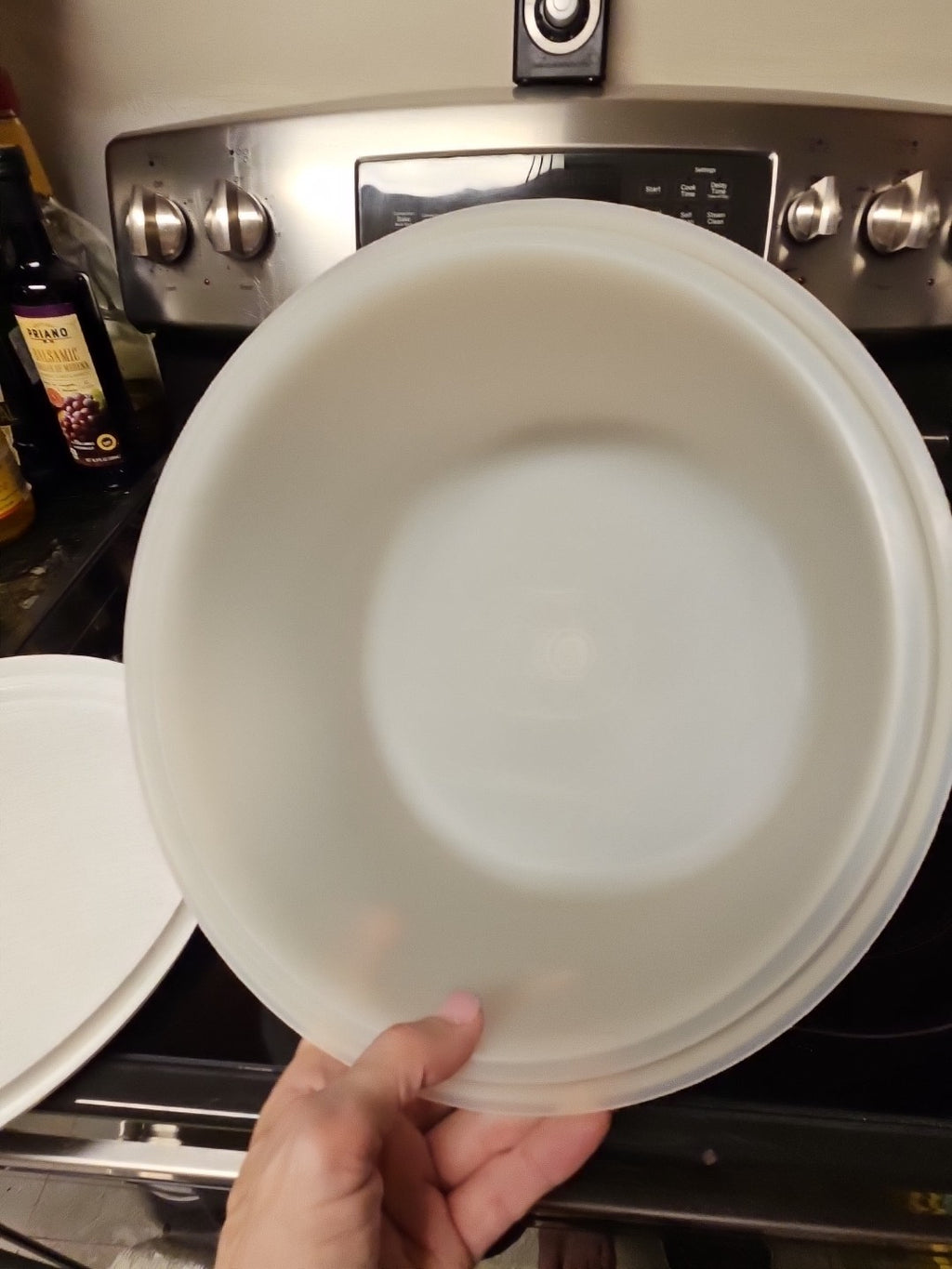 Vintage Tupperware 10" Cake Carrier White Speckled Base 684 Lid 683 Blue Handle