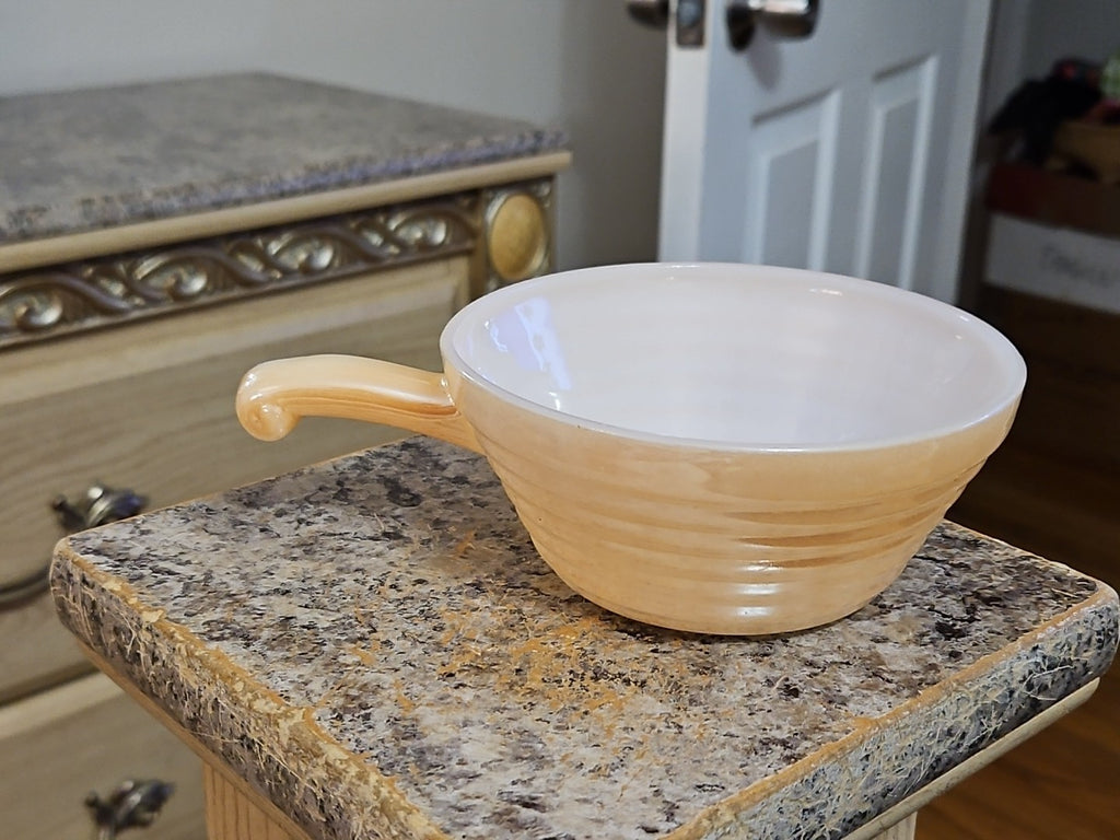Vintage Anchor Hocking Fire King Peach Lusterware Handled Soup Bowl