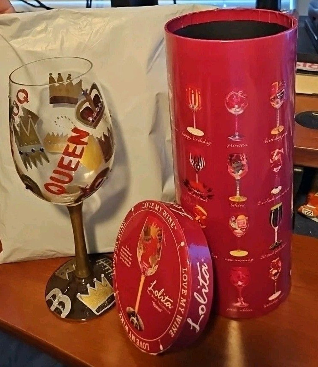 Lolita Hand Painted "Queen" 15oz Stem Wine Glass With Original Box