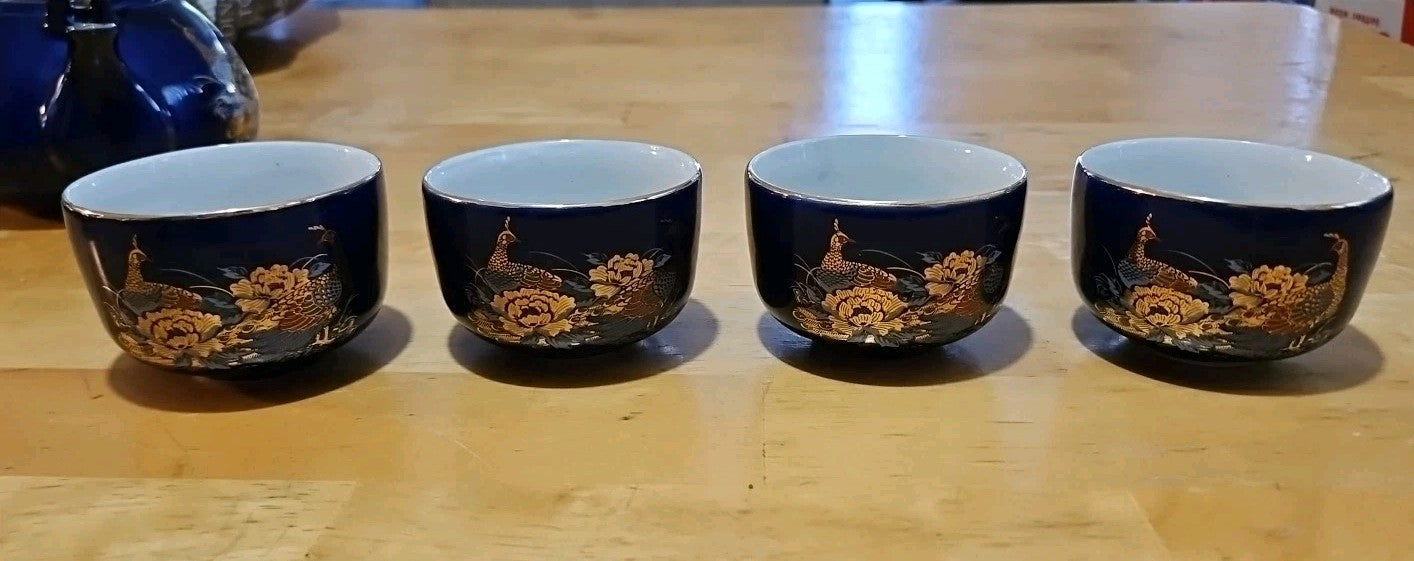 Vintage Japanese Cobalt Blue Tea Set With Gold Peacock Design - Teapot W/ 4 Cups
