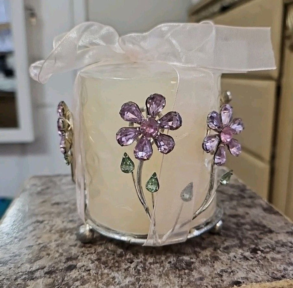 Round Silver Metal Candle Holder With Purple & Green Jeweled Flowers 3.5''