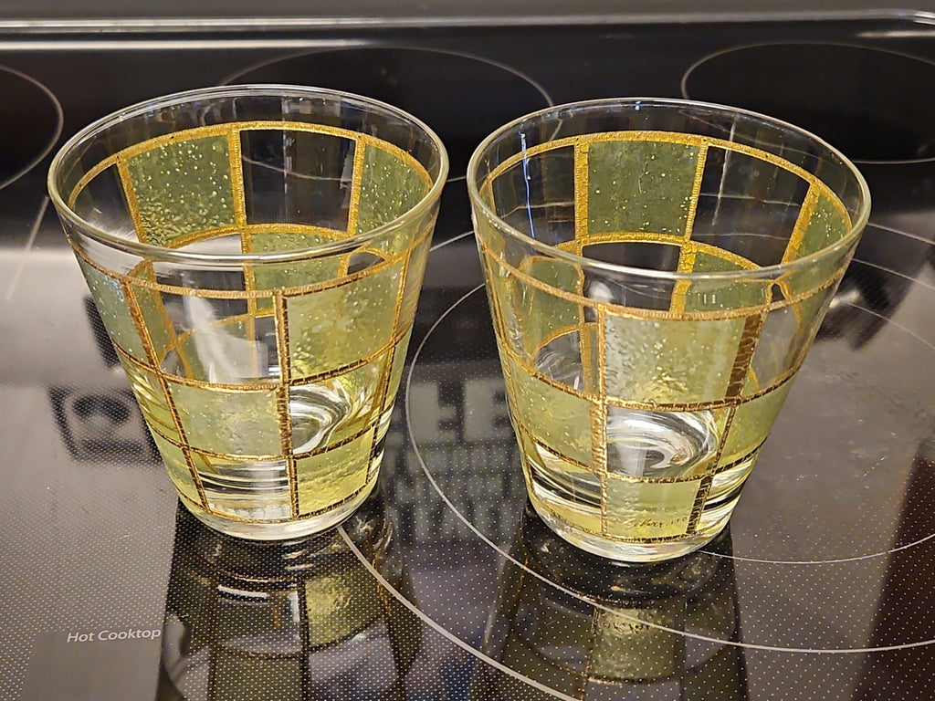 Set Of 2 Vintage Culver Prado Green 22k Gold Trim Lowball Rocks Whiskey glasses