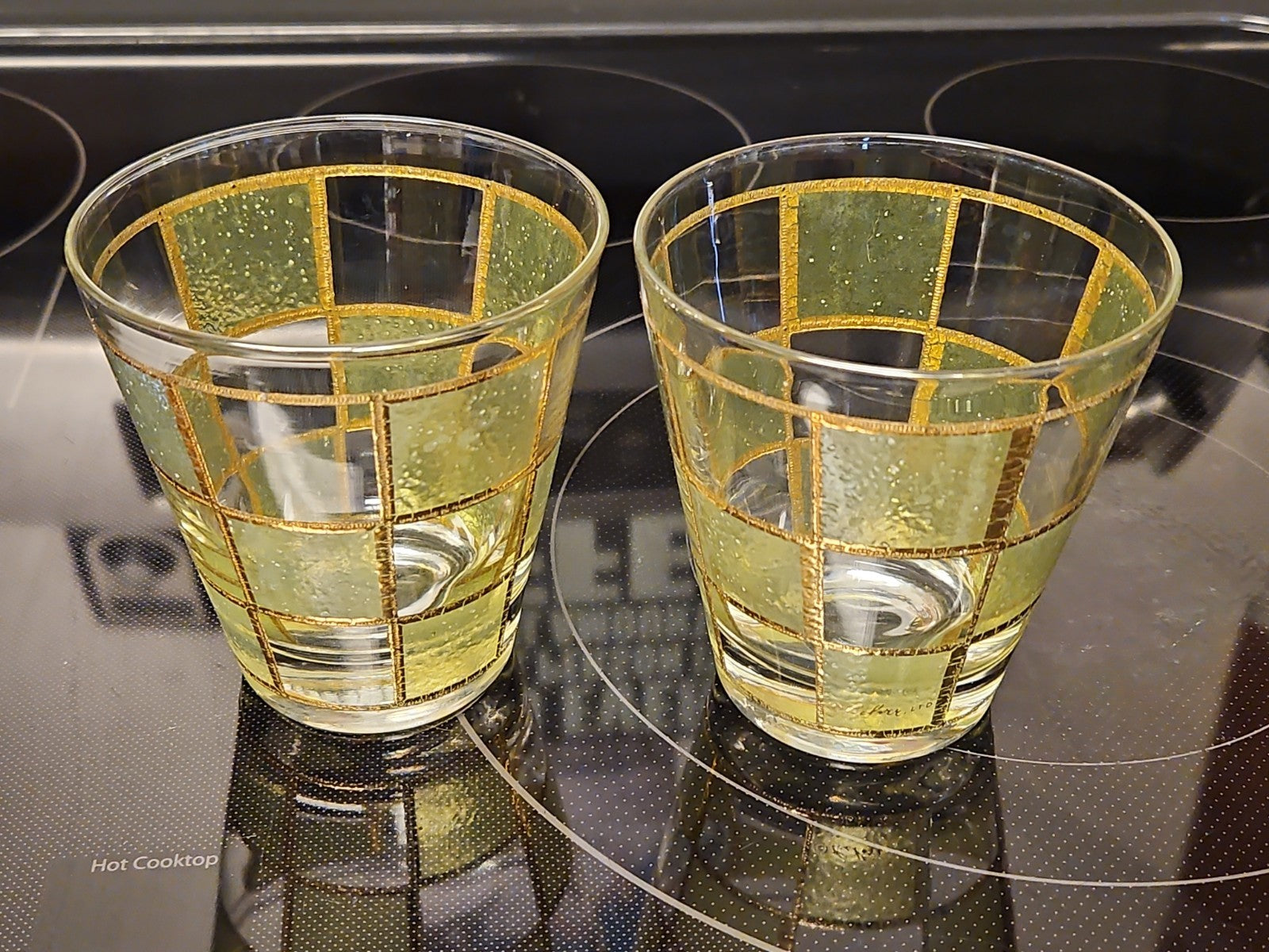 Set Of 2 Vintage Culver Prado Green 22k Gold Trim Lowball Rocks Whiskey glasses
