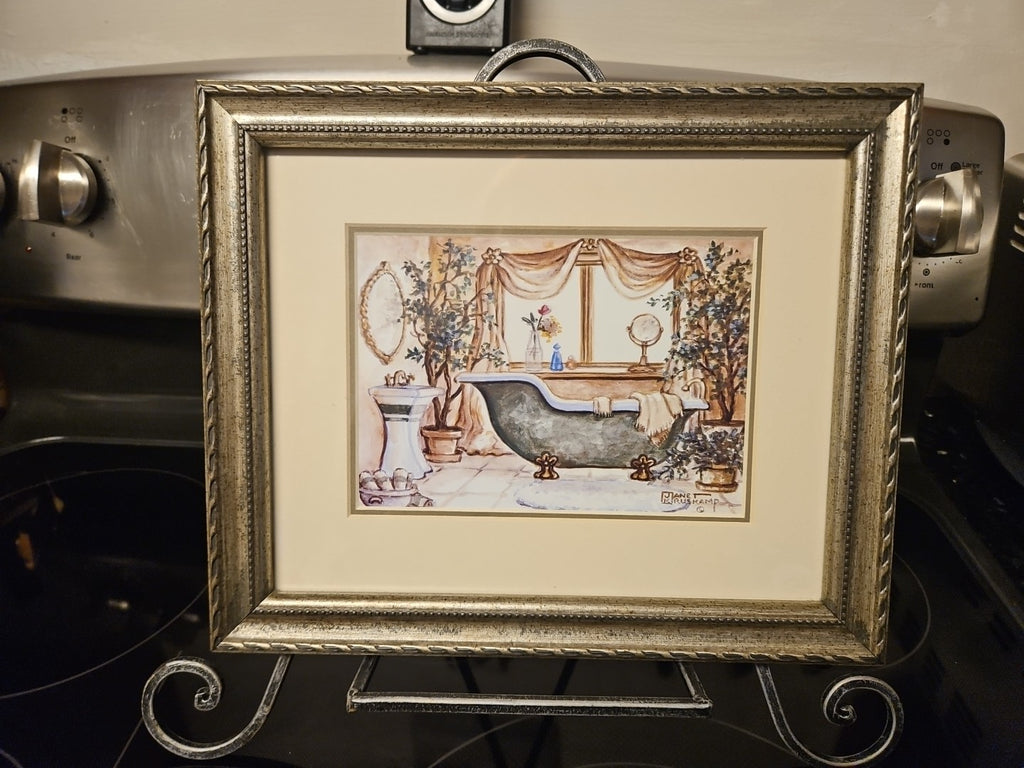 Vintage Style Janet Kruskamp Framed Art Print Clawfoot French Bathtub 9.5"x11.5"