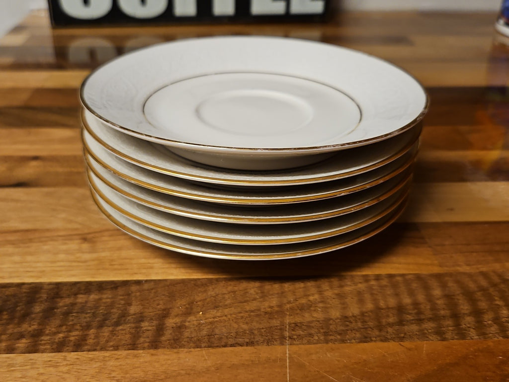 Set of 6 Vintage Noritake Ivory China Tulane 7562 6" Saucers White Scroll Gold