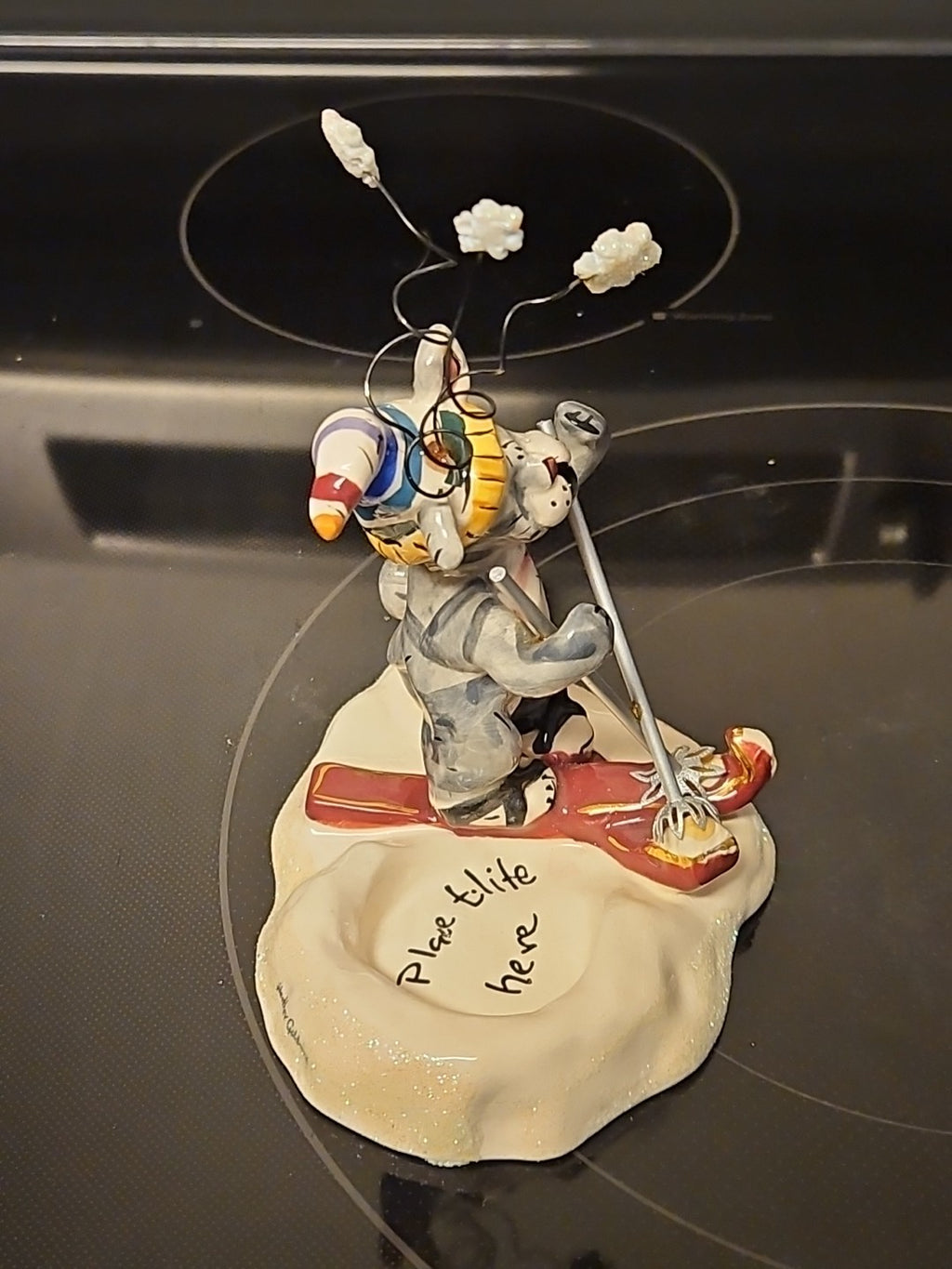 2004 Blue Sky Clayworks Christmas Cat Skiing Tea Light Holder Heather Goldminc