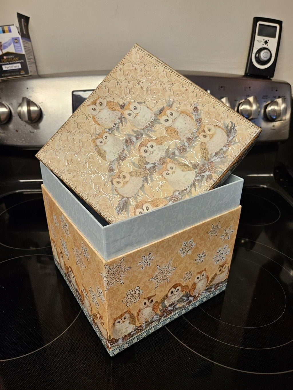 Elegant Storage Box Blue, Yellow, Silver Filigree Owl Print 9"x9"x5"