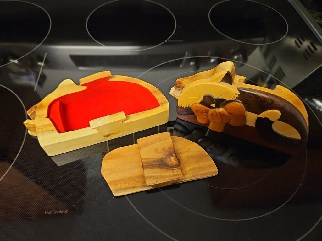 Carver Dan Wooden Sleeping Cat Puzzle Box Trinket Jewelry Box Hidden Compartment