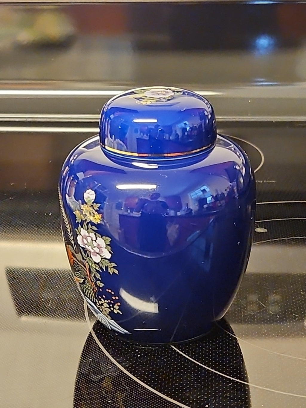 Vintage Kutani Style Cobalt Blue Ginger Jar Gold Trimmed Birds In Garden 5"