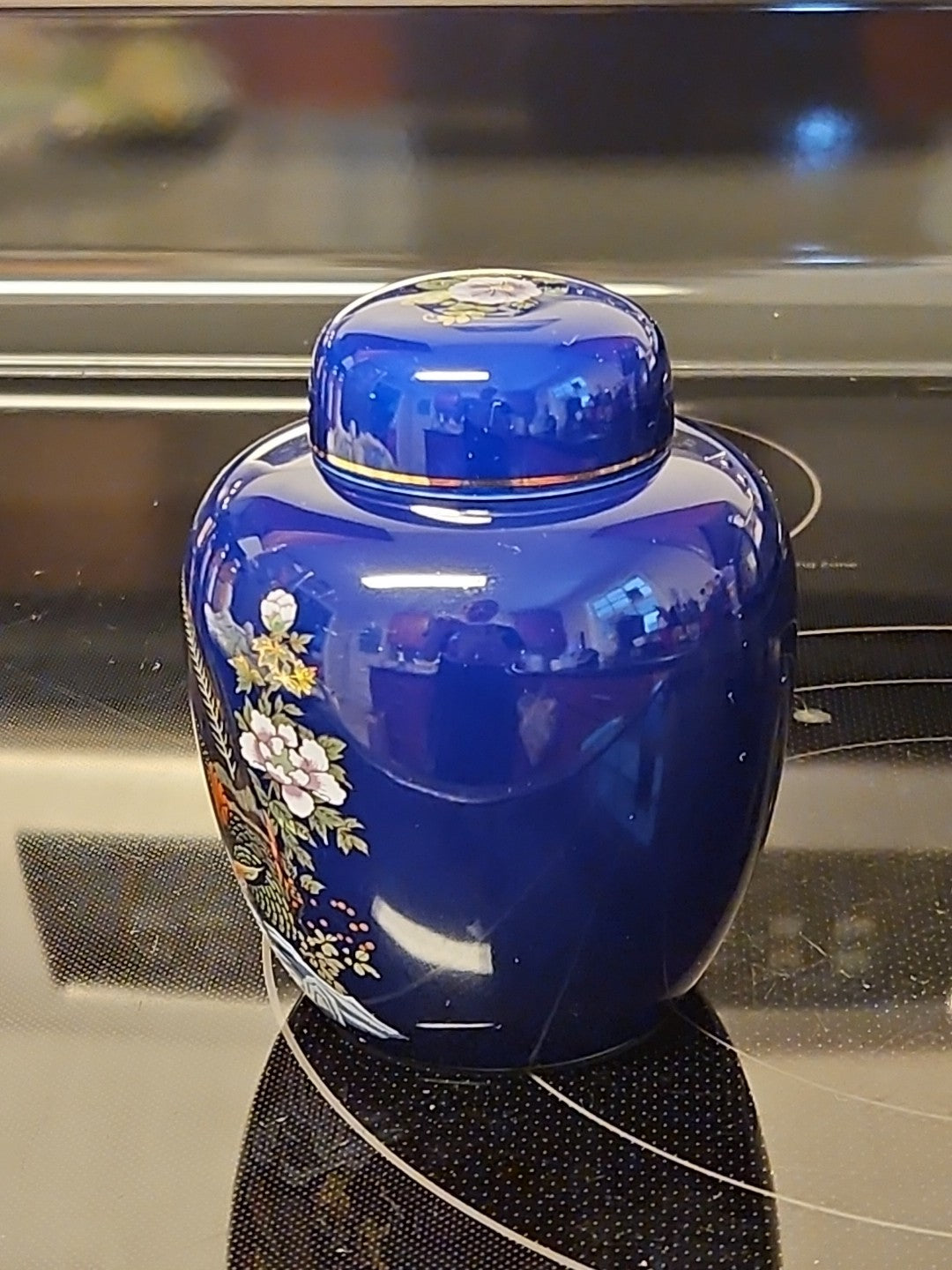 Vintage Kutani Style Cobalt Blue Ginger Jar Gold Trimmed Birds In Garden 5"