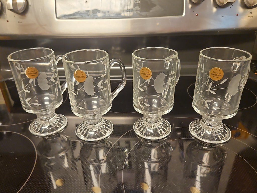 NIB Princess House Heritage #504 Set Of 4 Tempered Glass Irish Coffee Mugs