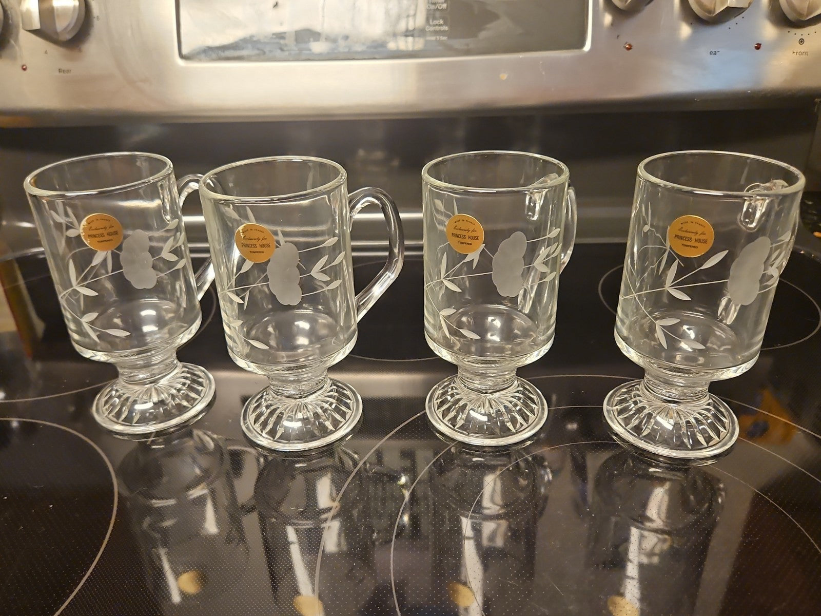 NIB Princess House Heritage #504 Set Of 4 Tempered Glass Irish Coffee Mugs