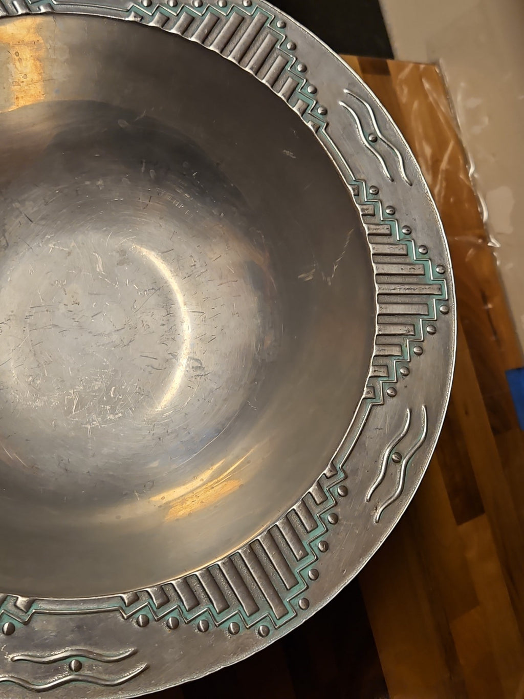 Vintage Wilton Armetale 14" Bowl Turquoise Zia Southwest Pattern Very Nice!