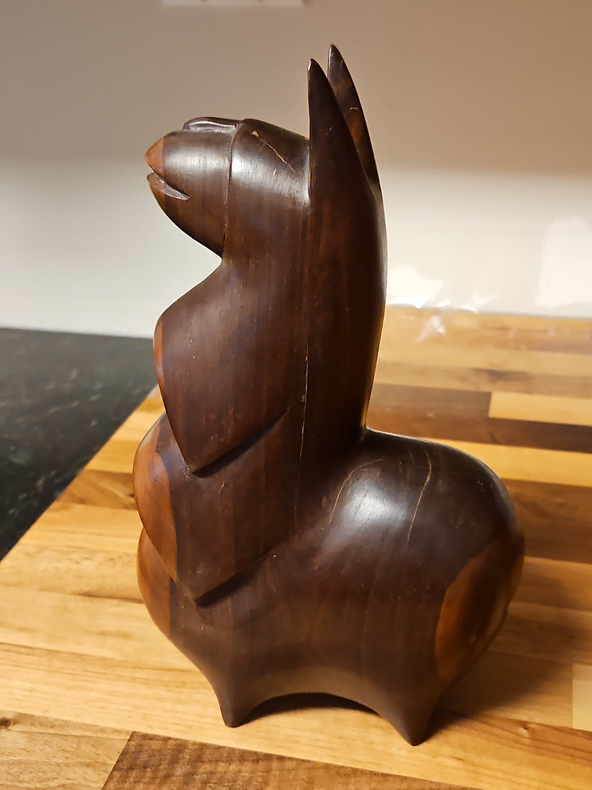 Vintage MCM Mahogany Wood Carved Llama Figurine 10" X 6"