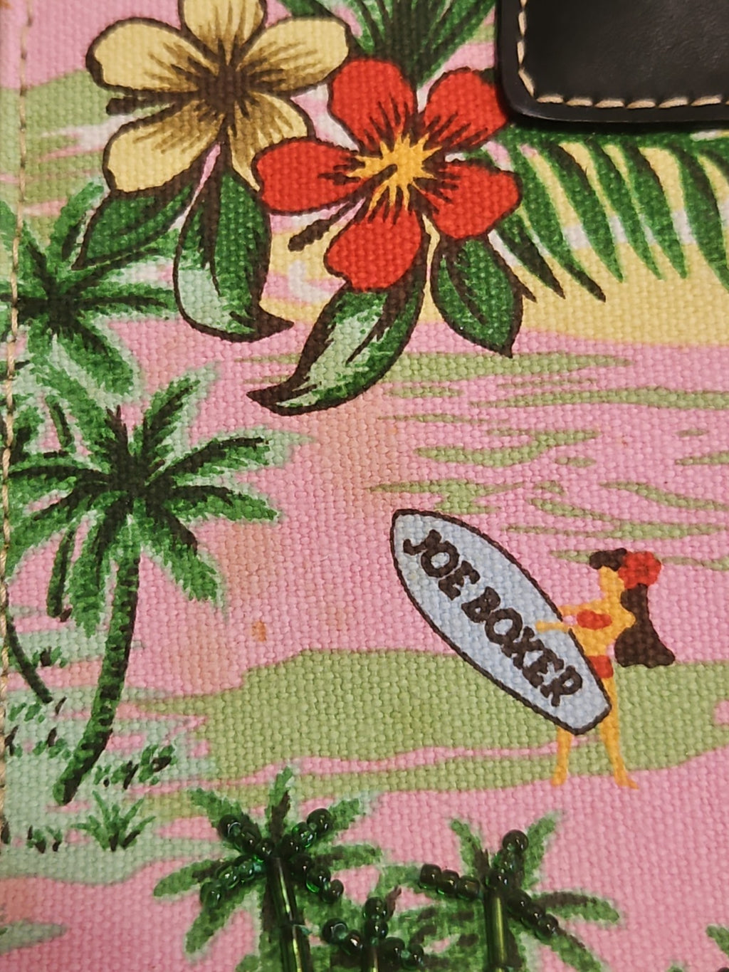 Vintage Y2K Joe Boxer Hawaiian Beaded Canvas Handbag Purse Pink Tropical Print