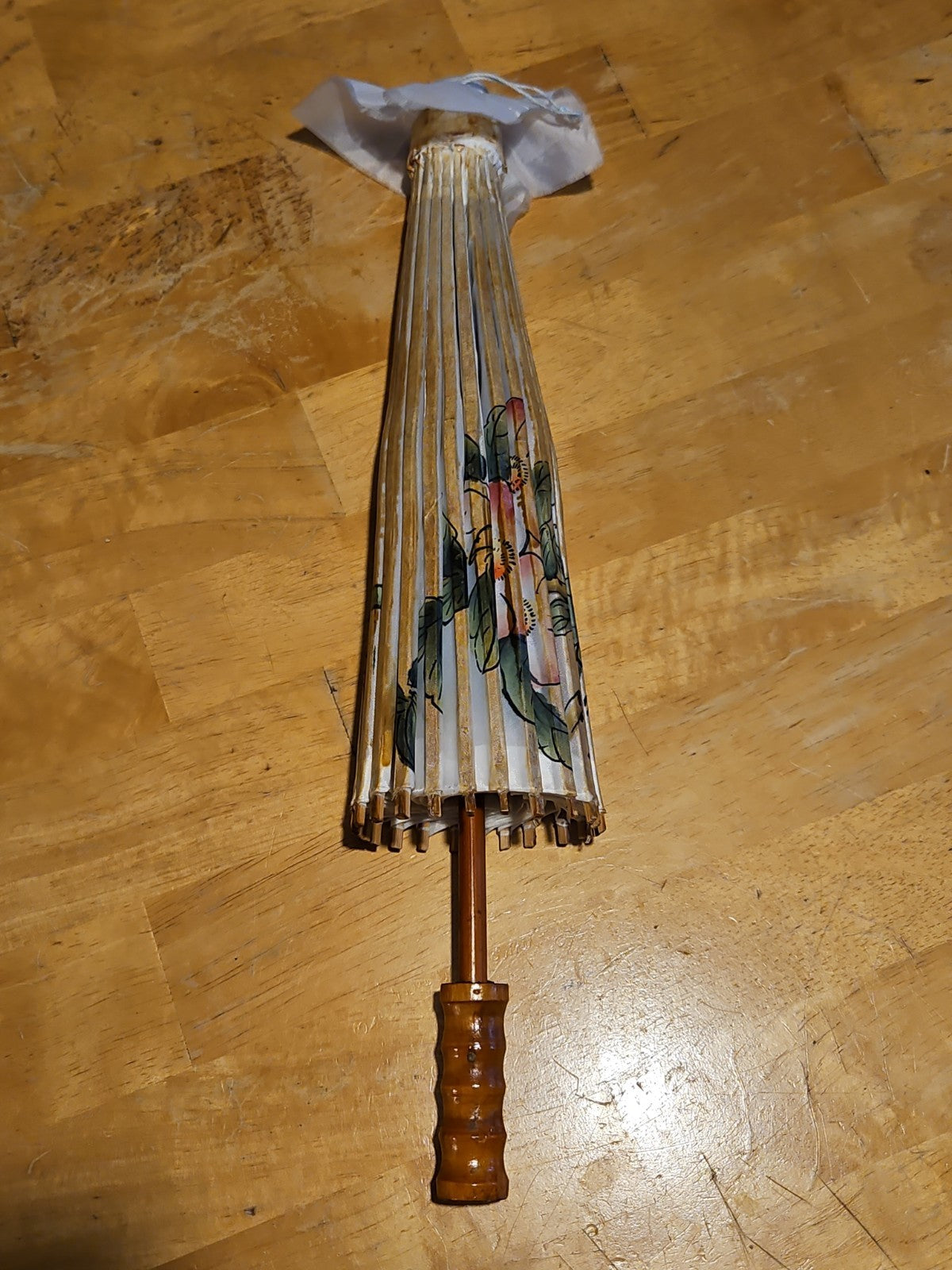 Vintage Asian Japanese Hand Painted Parasol Umbrella 21" White Floral EUC