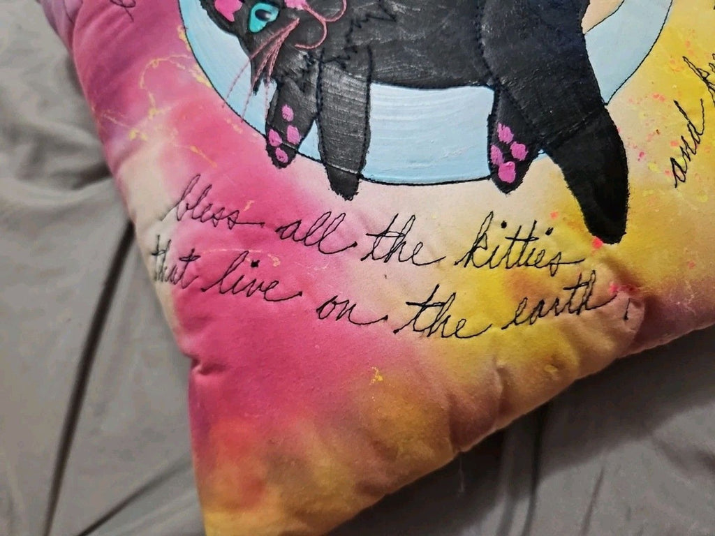 Artisan Signed Hand Painted & Embroidered Throw Pillow Colorful Cat Theme