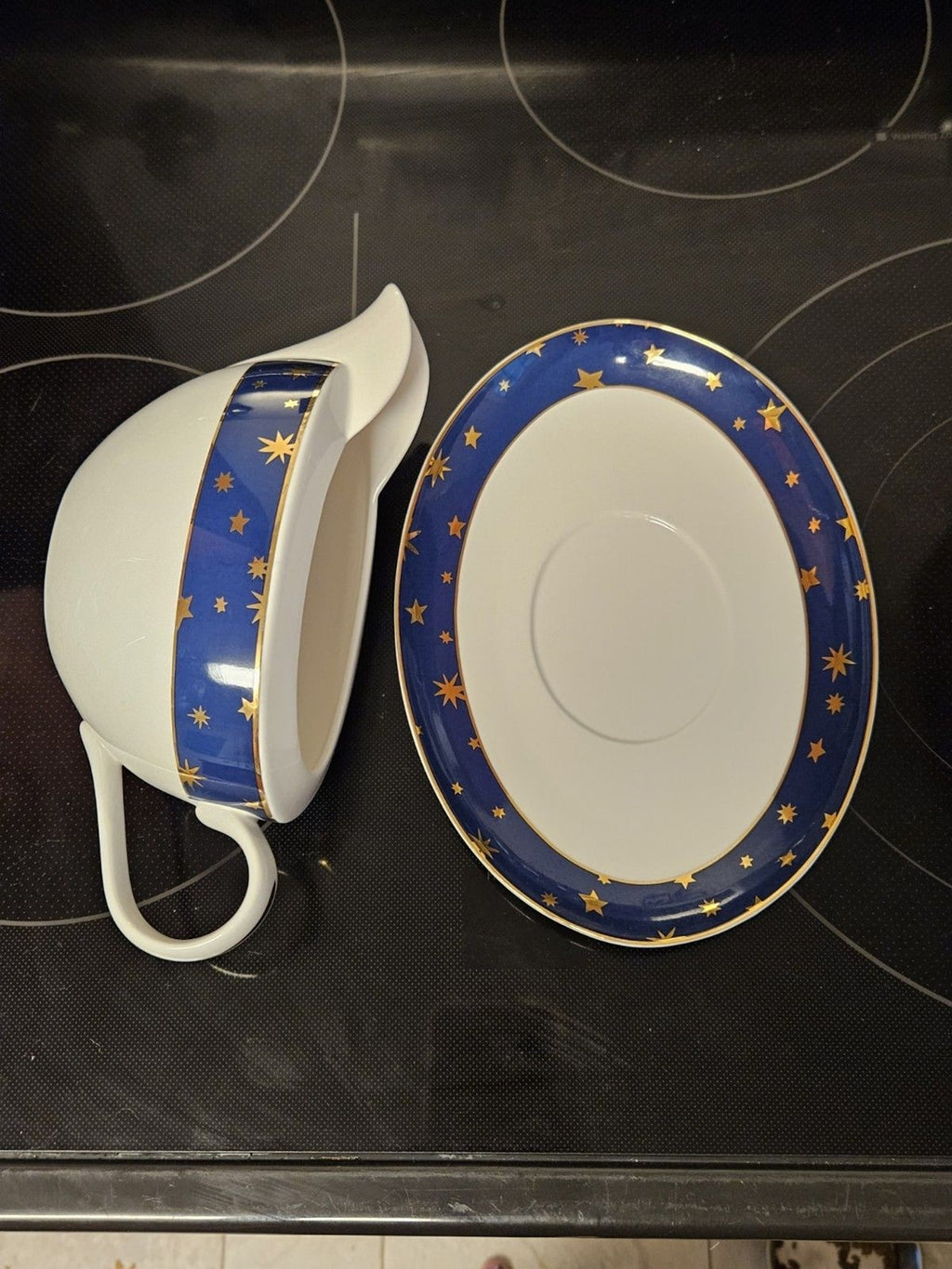 Galaxy By Sakura Gravy Boat & Saucer Celestial Blue Gold Stars Porcelain