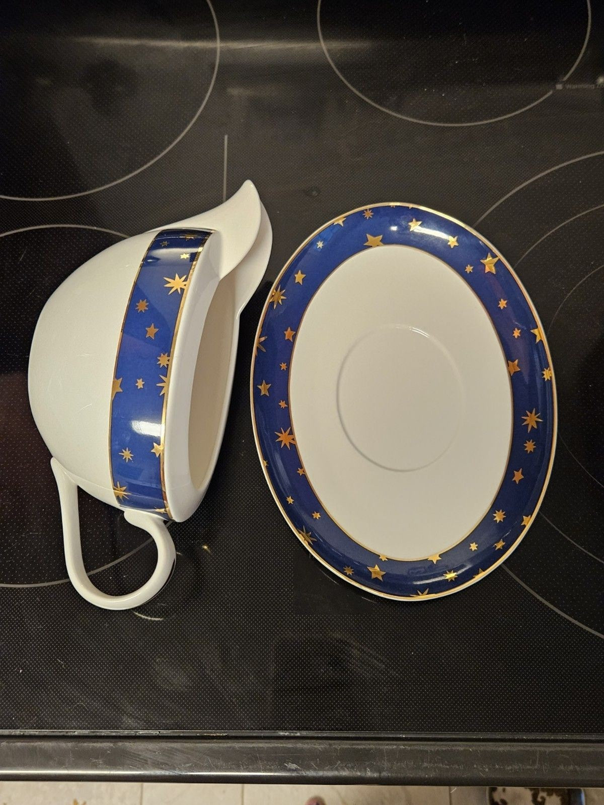 Galaxy By Sakura Gravy Boat & Saucer Celestial Blue Gold Stars Porcelain