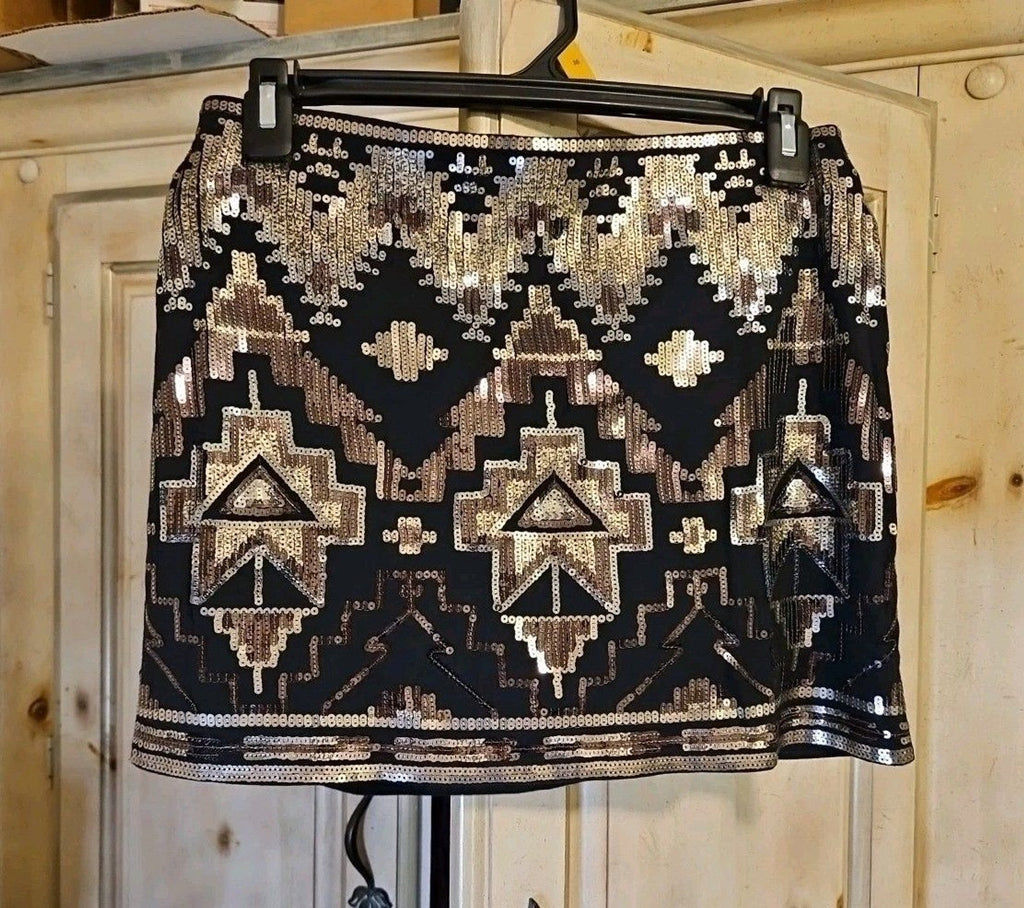 Express Aztec Geometric Print Sequin Mini Skirt Gold Black XS (27x13) Excellent