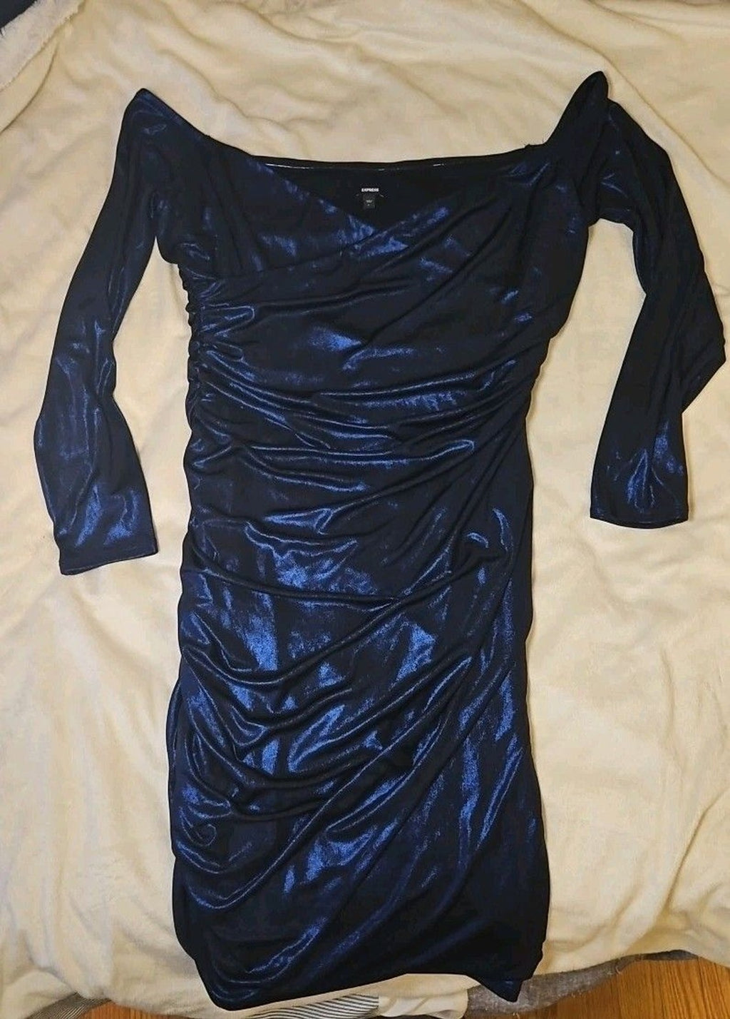 Express Women's Metallic Blue Dress Sz L Criss Cross Neckline Rouched Skirt