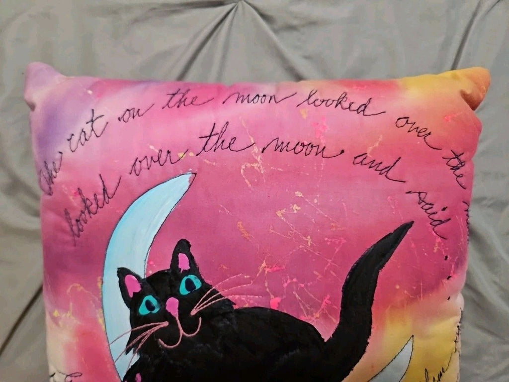 Artisan Signed Hand Painted & Embroidered Throw Pillow Colorful Cat Theme