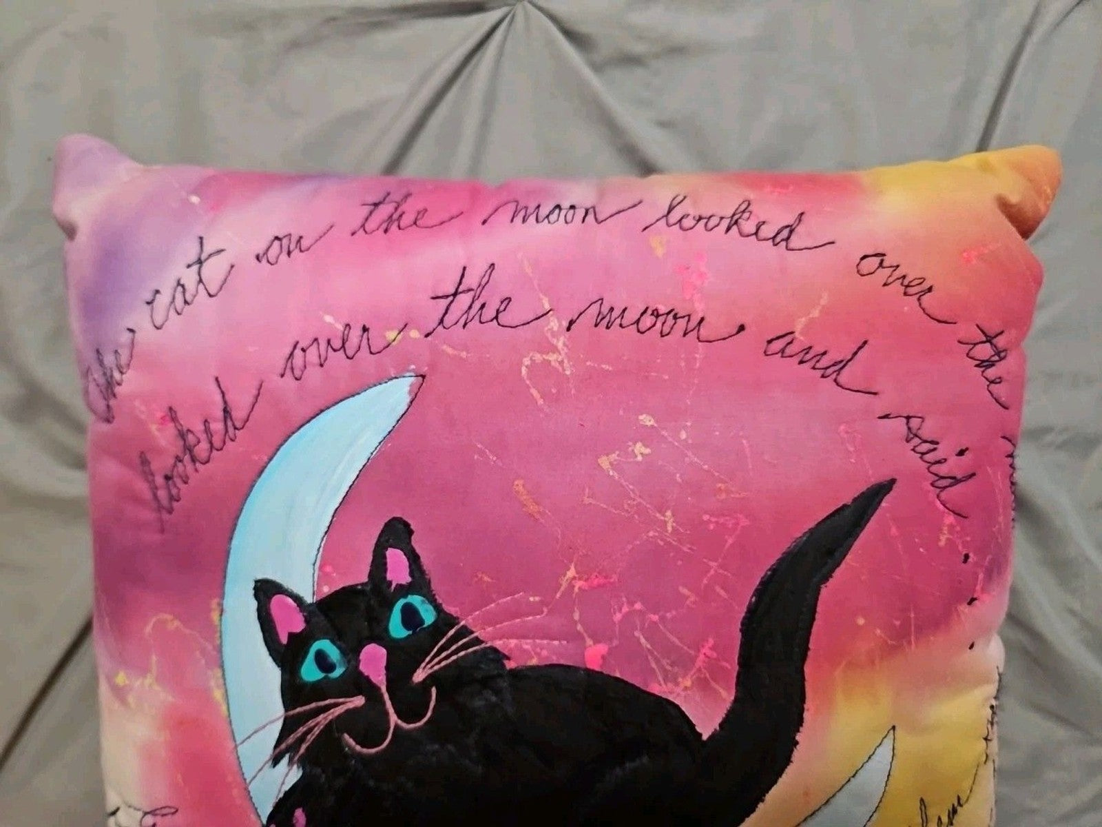 Artisan Signed Hand Painted & Embroidered Throw Pillow Colorful Cat Theme