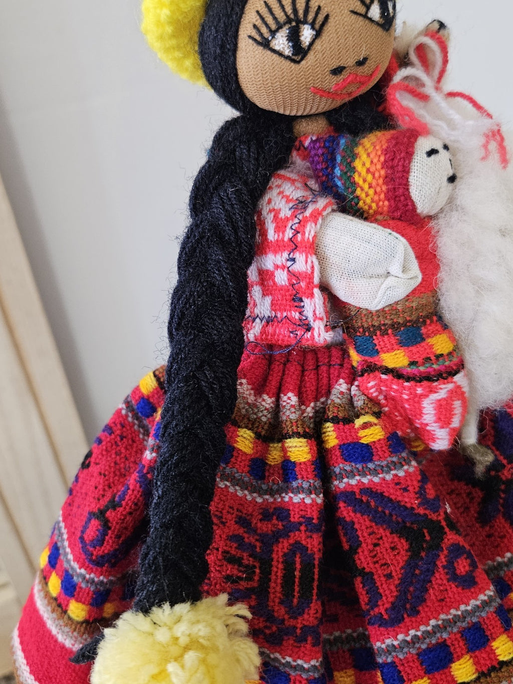 Vintage Peruvian Folk Art Hand Made Cloth Rag Doll 11” With Llama & Baby