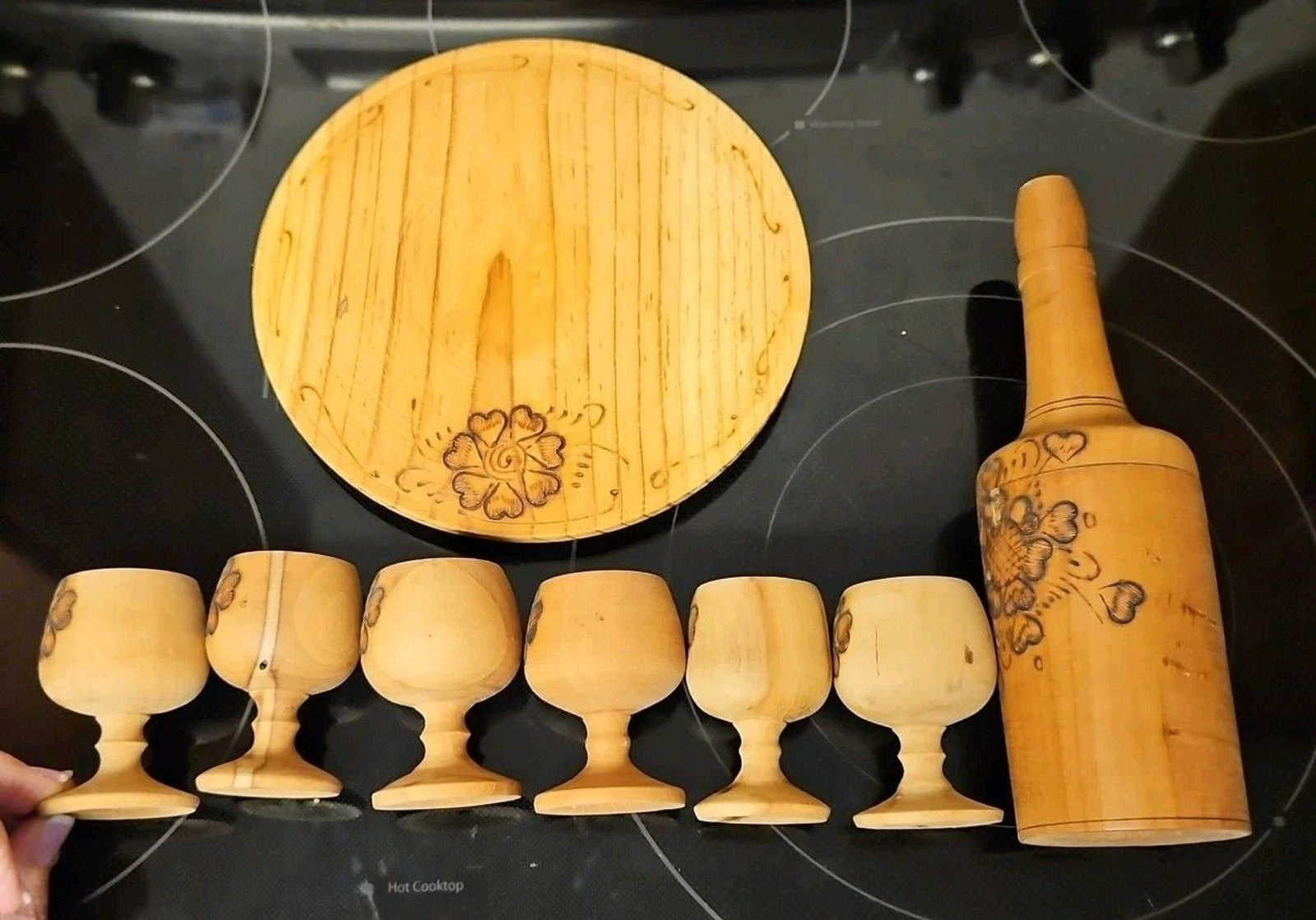 Vintage Burnt Wooden Pyrography Folk Art Decanter w\ Small Platter and 6 Goblets