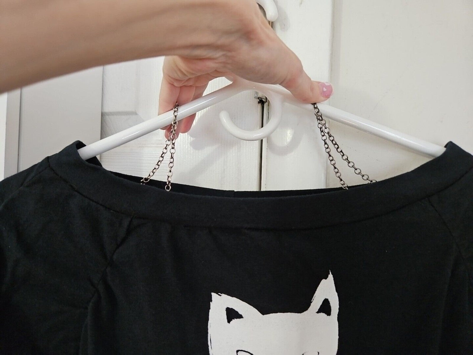K Scion Goth Look Off Shoulder Rouched Sleeves Chain Detail Top Kitty Cat Sz M