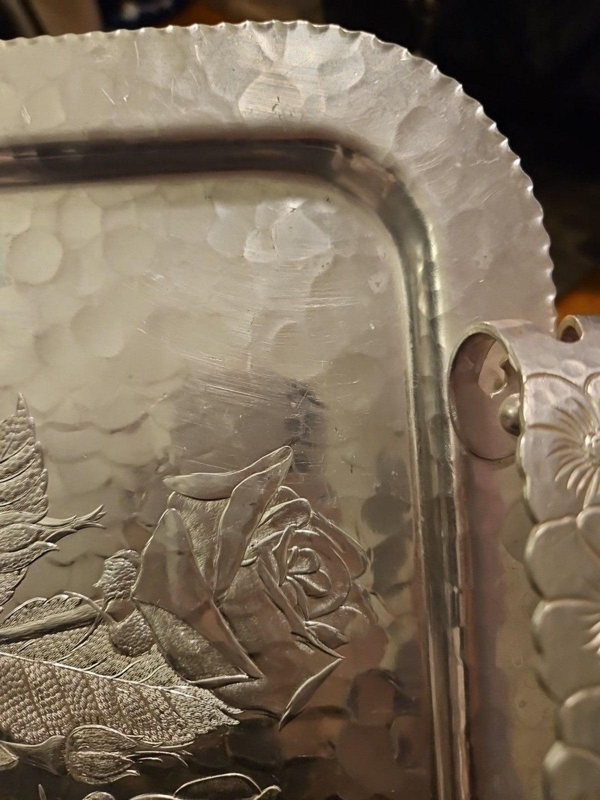 VINTAGE CONTINENTAL SILVER CO WILD ROSE BRILLIANTONE #1023 HAMMERED SERVING TRAY
