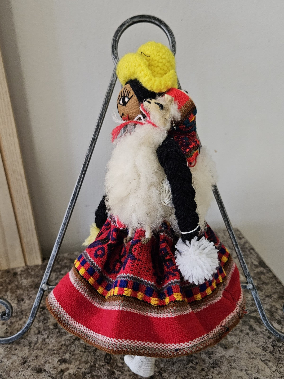 Vintage Peruvian Folk Art Hand Made Cloth Rag Doll 11” With Llama & Baby