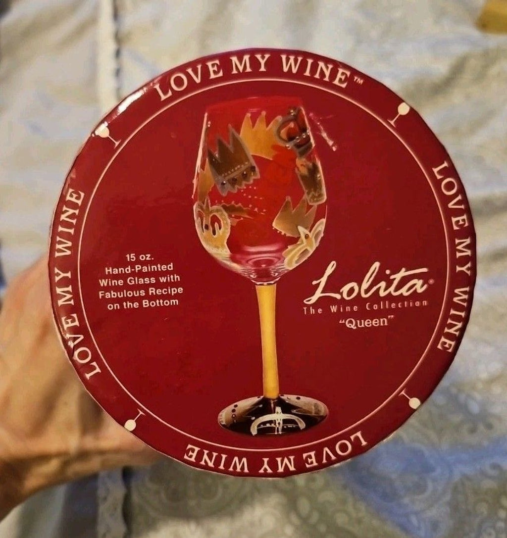 Lolita Hand Painted "Queen" 15oz Stem Wine Glass With Original Box