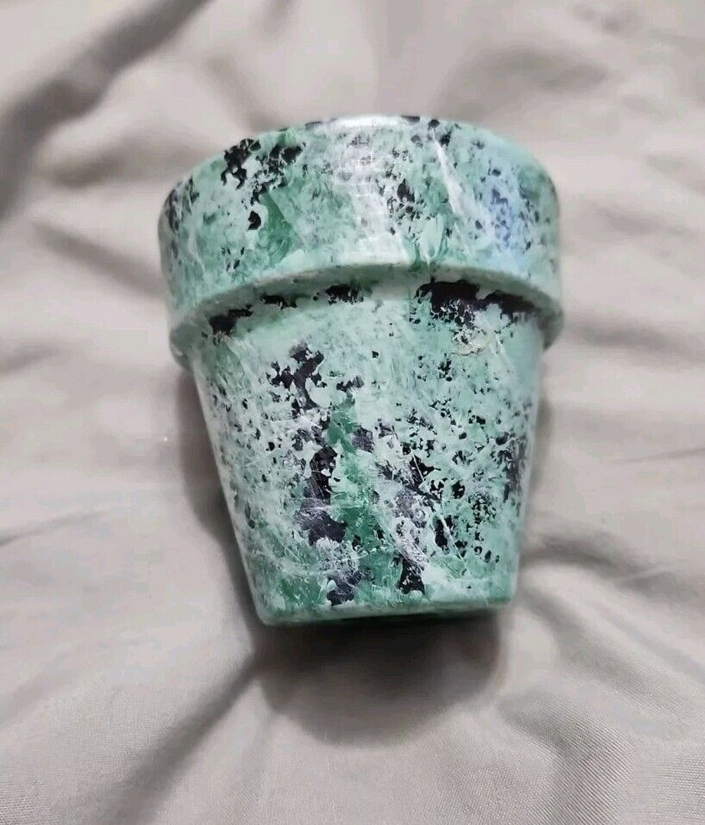 Cute Artistic Decor Candle In Green & Black Wash Clay Pot 3in X 3in