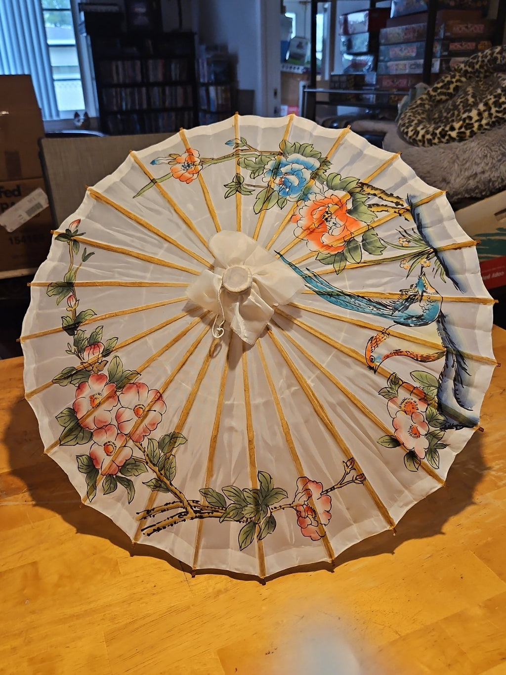 Vintage Asian Japanese Hand Painted Parasol Umbrella 21" White Floral EUC