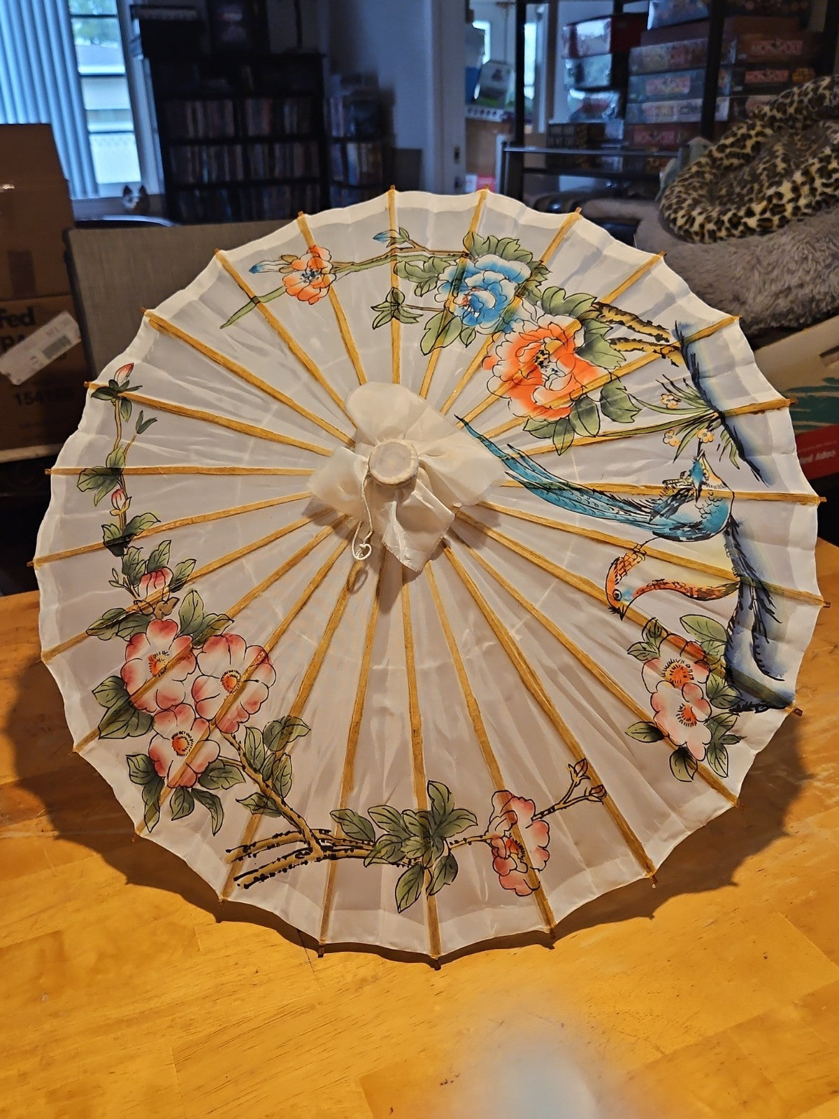 Vintage Asian Japanese Hand Painted Parasol Umbrella 21" White Floral EUC