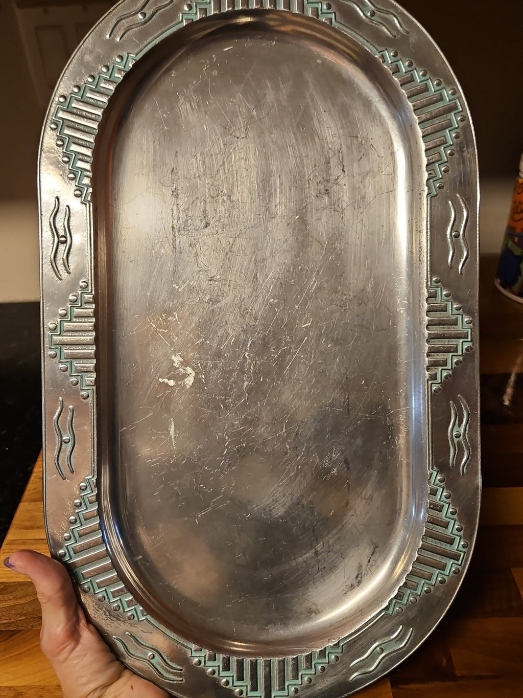 Vintage Wilton Armetale Zia Turquoise Southwestern Oval Serving Platter  18.5"