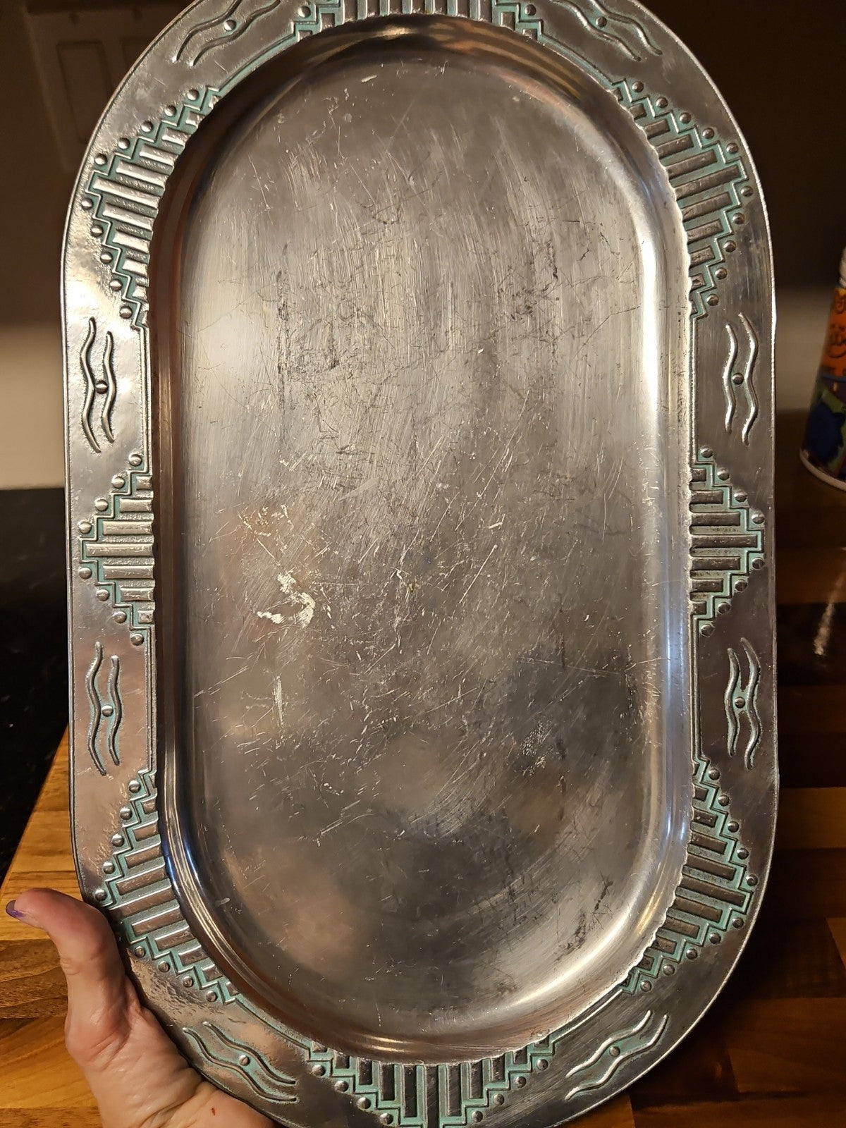 Vintage Wilton Armetale Zia Turquoise Southwestern Oval Serving Platter  18.5"