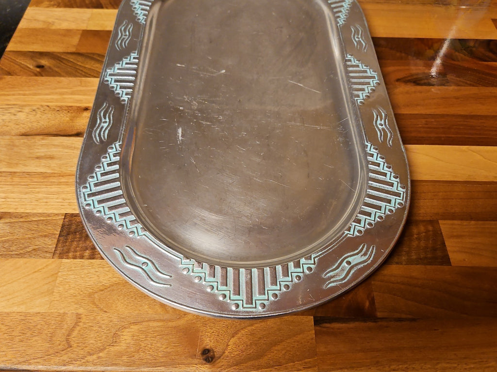 Vintage Wilton Armetale Zia Turquoise Southwestern Oval Serving Platter  18.5"