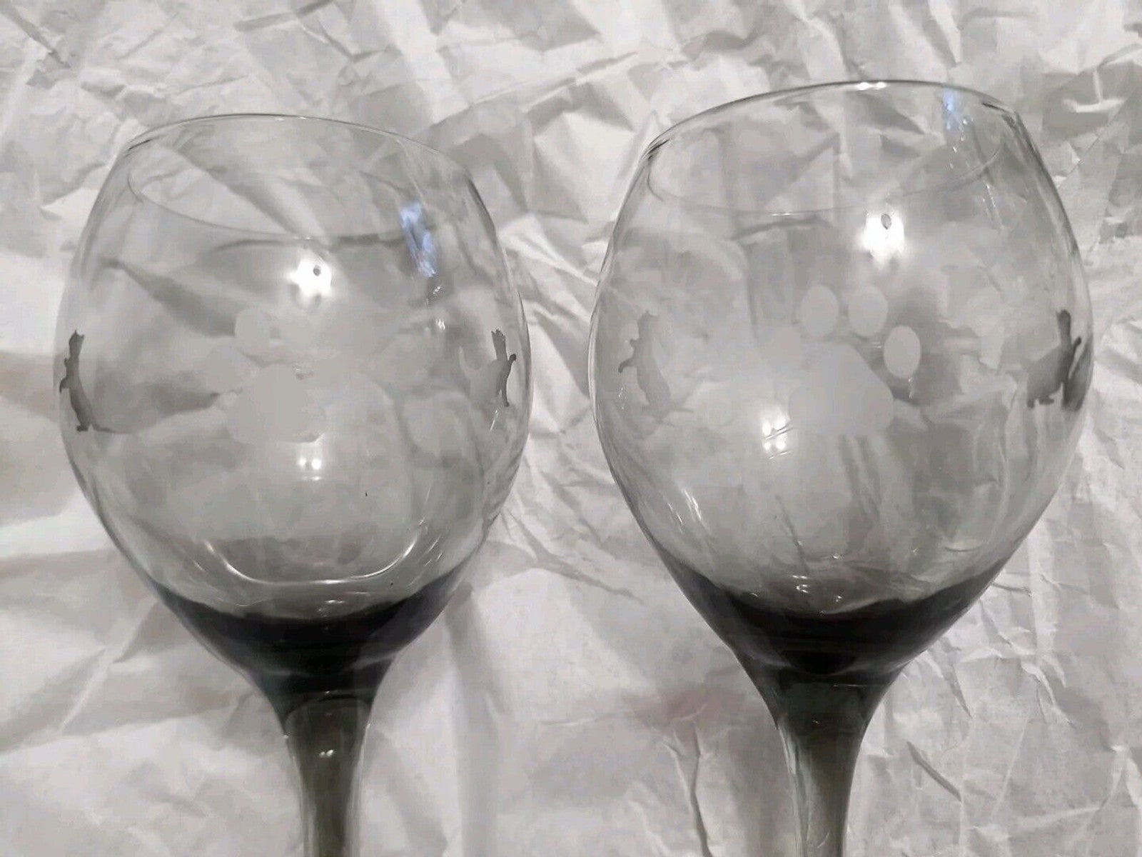 Smoke Gray Wine Glass Set Of 2 With Cat & Pawprint Etching 8”
