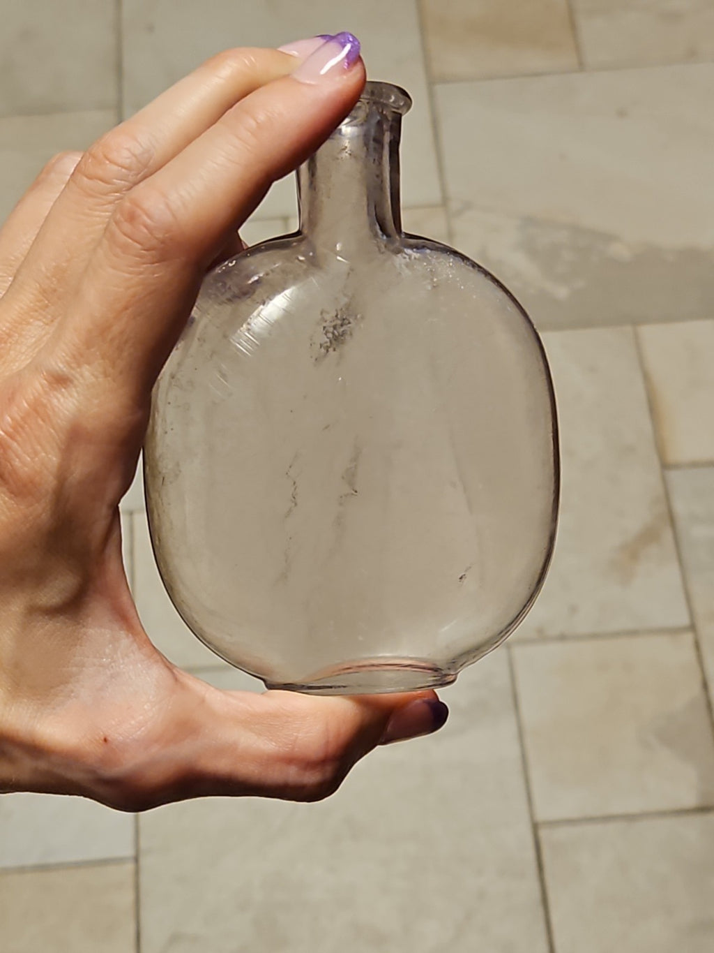Set Of 2 Antique Blown Glass Pumpkin Seed Flasks 1 Pt & 1/2 Pt Purple Grey Tint