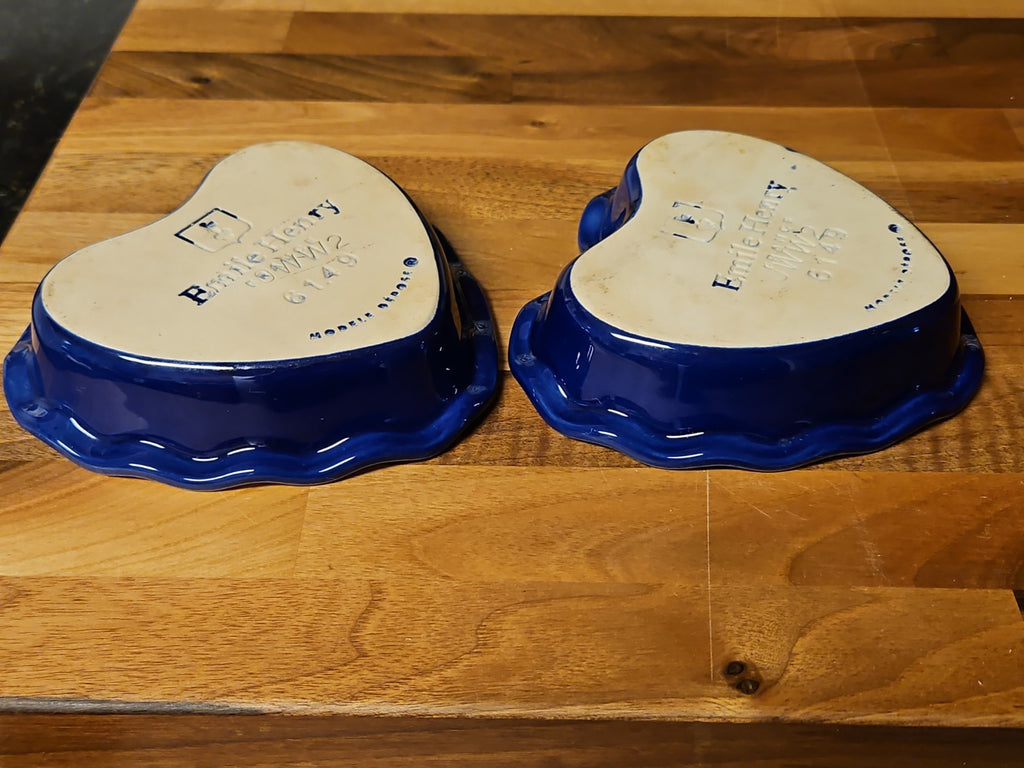 Set Of 2 Emile Henry Fluted Edge Heart Shaped Blue & White Baking Dishes #6149