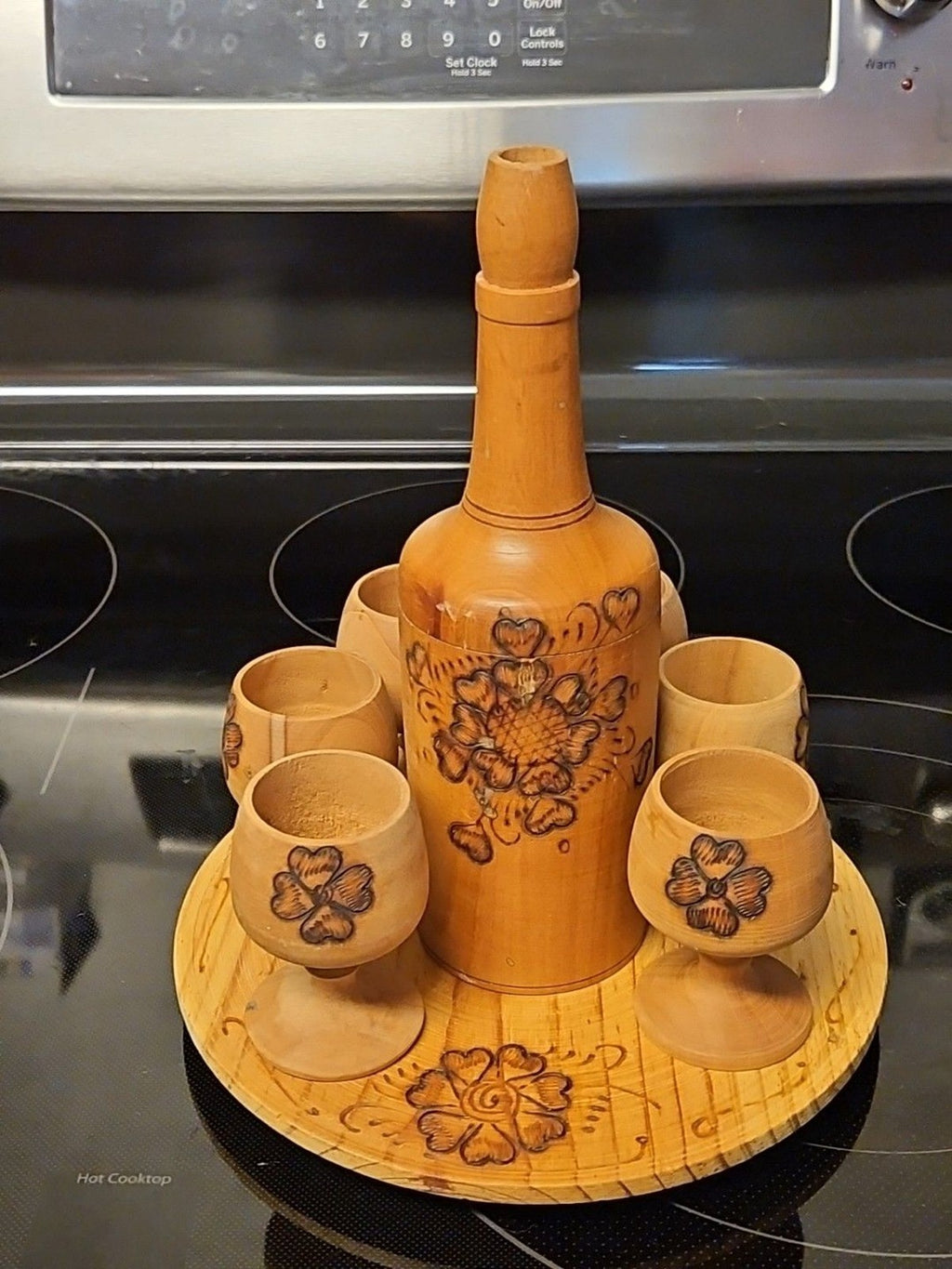 Vintage Burnt Wooden Pyrography Folk Art Decanter w\ Small Platter and 6 Goblets