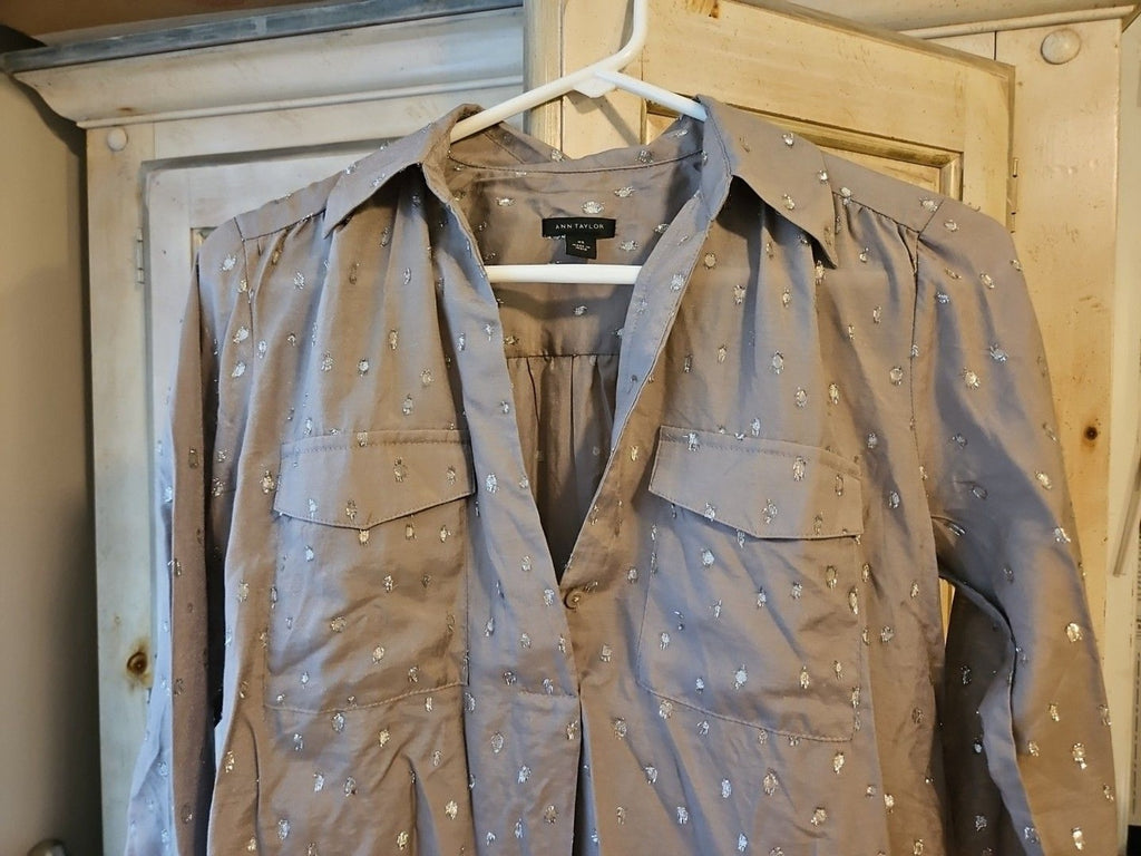 Ann Taylor Grey Henley Blouse With Silver Metallic Raised Polka Dots Sz XS