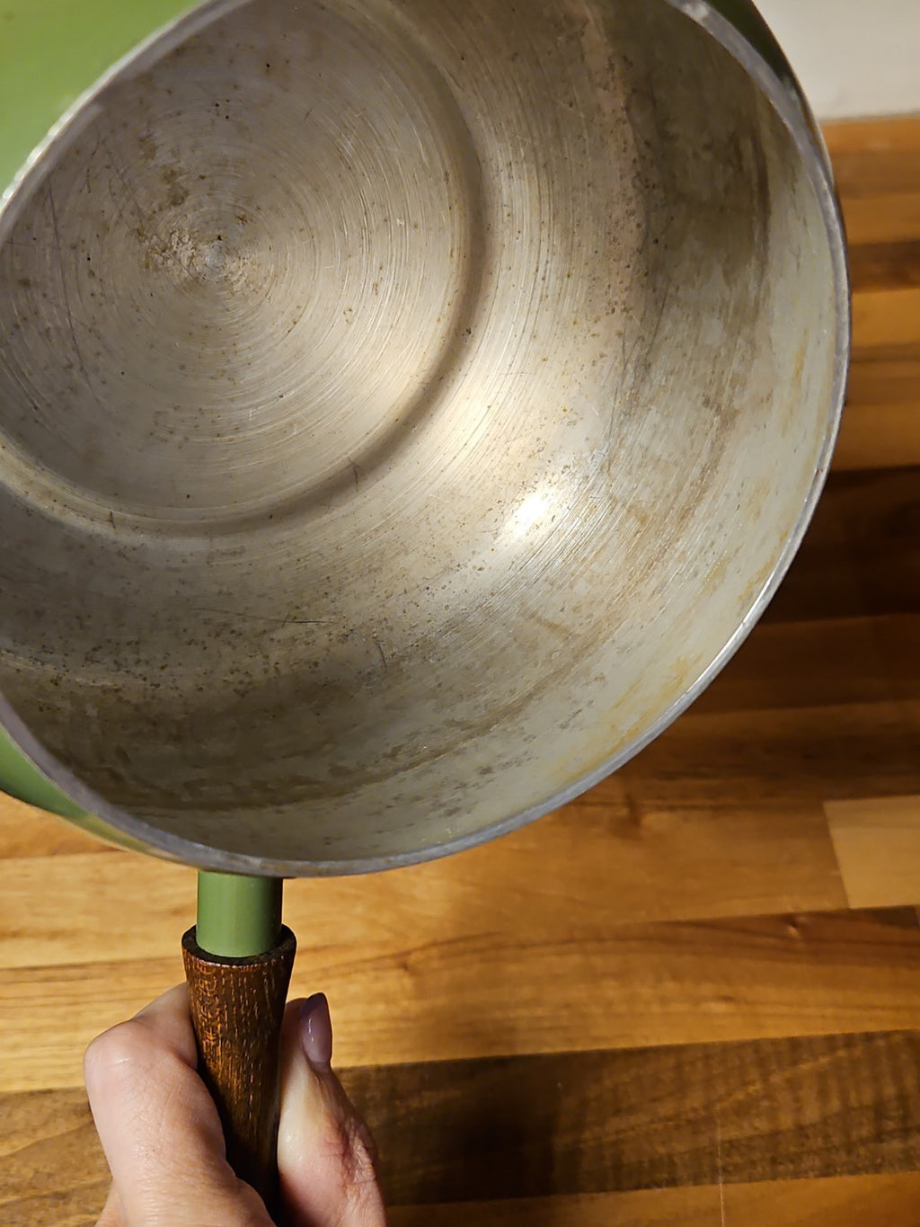 Vintage Green Enamel Fondue Pot Saucepan Floral MCM Boho Wood Handle 1970s