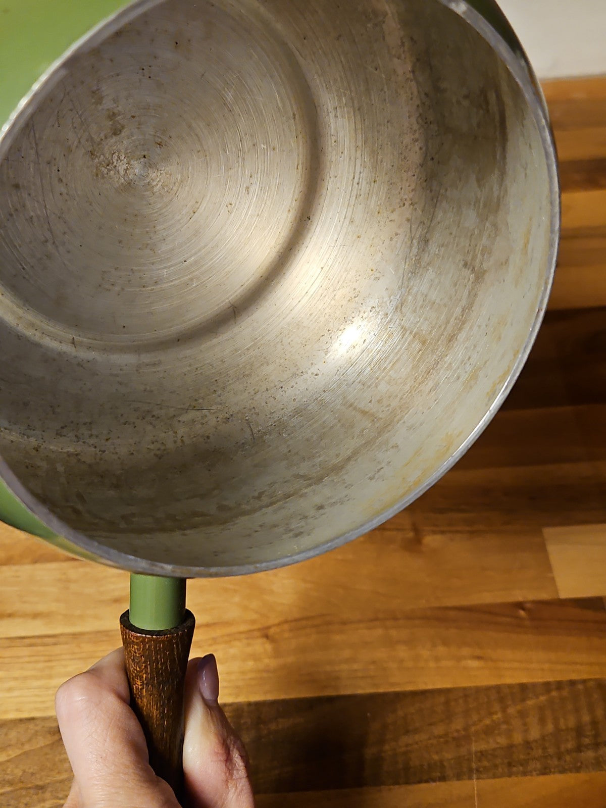 Vintage Green Enamel Fondue Pot Saucepan Floral MCM Boho Wood Handle 1970s