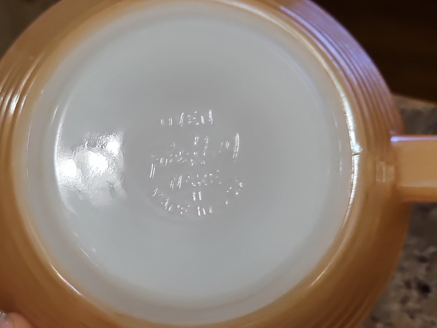Vintage Anchor Hocking Fire King Peach Lusterware Handled Soup Bowl